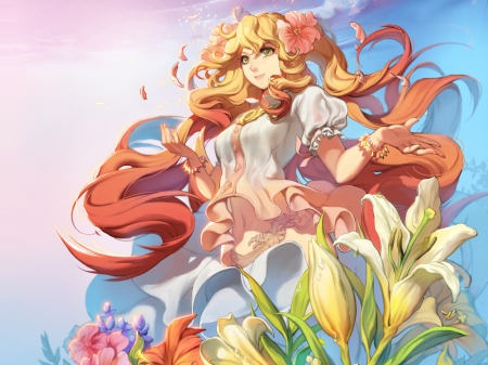 Pretty Flowers - pretty, anime, elegant, female, blossom, maiden, dress, long hair, sublime, gorgeous, hd, nice, gown, anime girl, girl, lovely, sweet, flower, petals, lady, angelic, floral