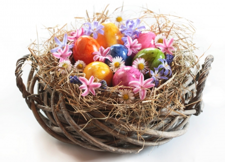 Easter - easter, happy easter, basket, still life, eggs, blossoms, easter eggs, holiday, flowers, colors, happy