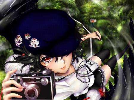 Camera - nice, close up, realistic, female, emotional, anime girl, black hair, sinsiter, red eyes, touhou, camera, anime, girl, shameimaru aya, lovely, hd, closeup, sweet, serious