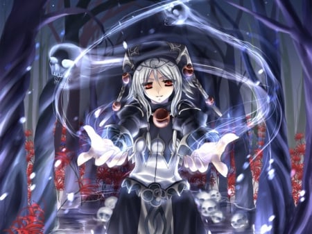 Welcome to our Paradise - anime, magic, female, dress, light, evil, emotional, lolita, dark, skull, anime girl, ghost, spirit, girl, glow, black, fantasy, sinister