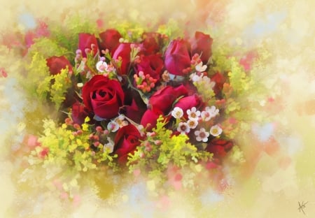 Bouquet of roses - flowers, beautiful, painting, red roses, canvas, bouquet