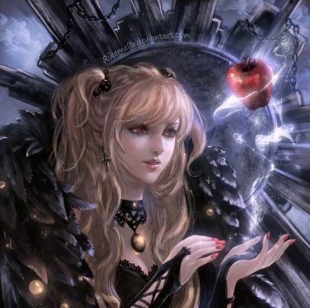 Red Apple - realistic, beauty, nice, female, anime girl, black, misa, dark, pretty, anime, apple, girl, long hair, lovely, death note, beautiful, amane misa, sweet