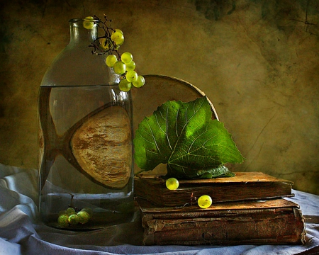 Still life - grapes, bottle, book, Still life