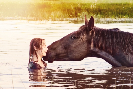 COWGIRL AND FRIEND COOLING OFF - nature, horse, cowgirl, beautiful