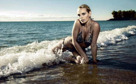 Model - summer, water, model, ocean, girl, blue, swimsuit, waves, woman