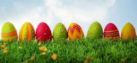 Colorful Eggs - easter, sky, clouds, flowers, eggs, easter eggs, grass