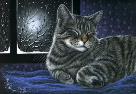 Tired Kitty - resting, window, artwork, cozy, light