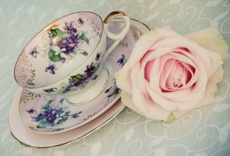 Cup tea with pink rose - tea time, pink rose, cup, soft pastel