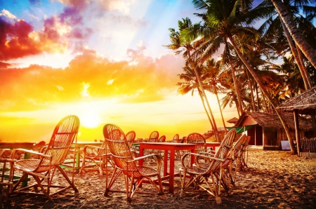 Tropical Sunset - sky, chairs, tables, beach, palms, sun