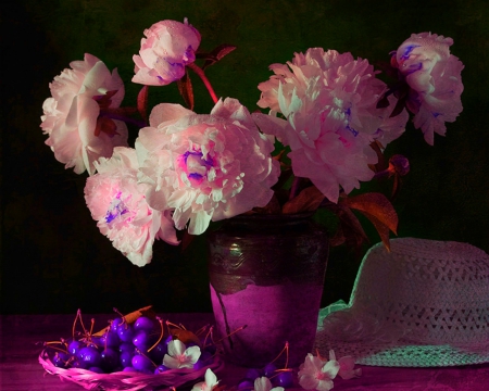 Still life - flowers, vase, still life, hat