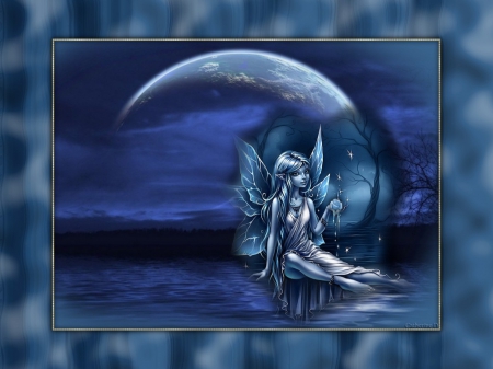 BLUE FAIRY NIGHT - MOON, WINGS, FAIRY, FEMALE, NIGHT, BLUE