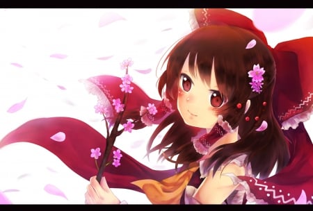 Hakurei Reimu - pretty, anime, female, blossom, shrine maiden, long hair, touhou, plain, ribbon, reimu, nice, hakurei reimu, anime girl, sakura, cherry blossom, beautiful, girl, simple, beauty, lovely, sakura blossom, brown hair, sweet, flower, petals