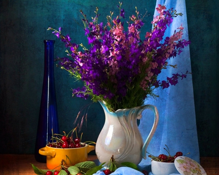 Still life - purple, flowers, still life, vase