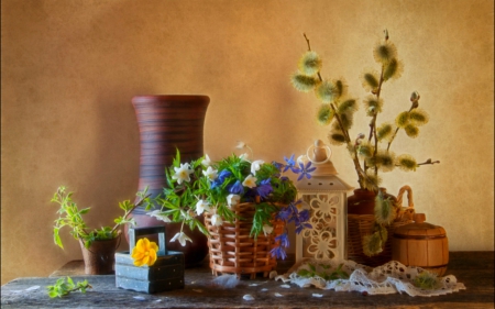 Still life - craft, flowers, basket, Still life