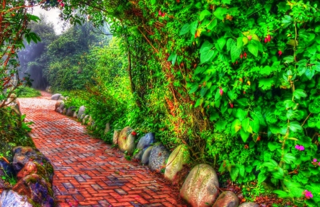 Brick path in a park - flowers park, nature of forces, beautiful combination of colors, colors of nature, green nature, path, colorful, bricks, nature, garden, stunning nature, sky, park