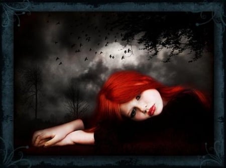 SAD GIRL - girl, red, sad, hair, black, gothic