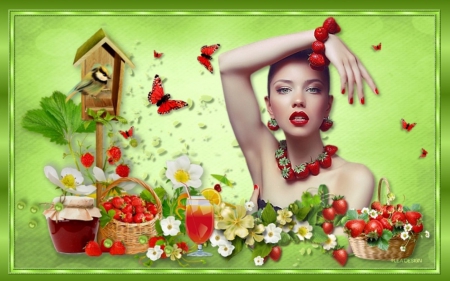 STRAWBERRIES - drink, female, colorful, fruit, bird, strawberries, jam, flowers, birdhouse, butterflies