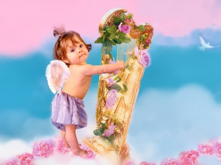 Cute Fairy Baby - clouds, roses, kid, dove, girl, angel, baby, child, harp, wings, sky