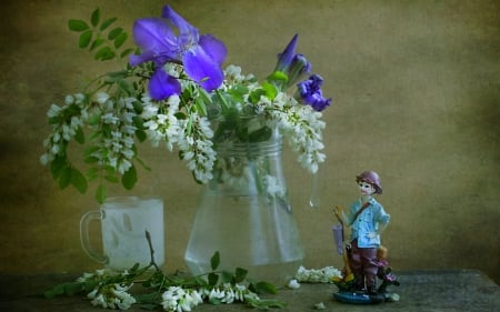 Still life - flowers, glass, still life, figurine