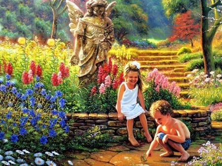 Innocent souls - flowers, path, there paradise, nature, summer, color, childrens