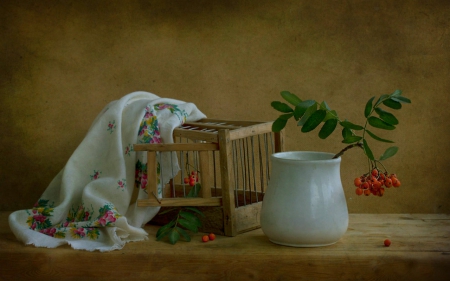 Still life - cloth, jar, flowers, still life