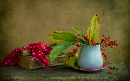 Still life - flowers, jar, book, Still life