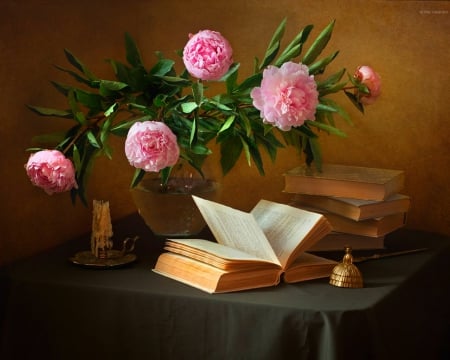 Still life - books, table, flowers, still life