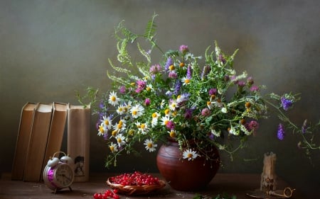 Still life - flowers, clock, books, Still life