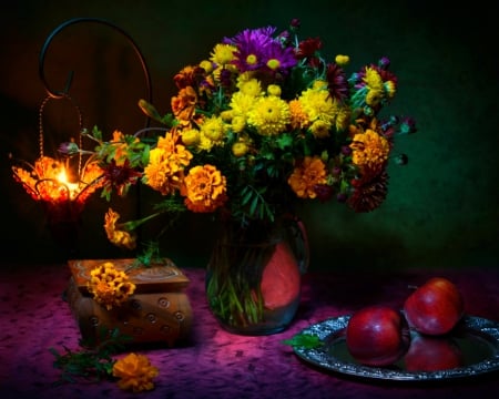 Still life - flowers, candle, fruits, still life