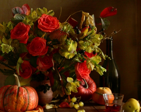 Still life - flowers, fruits, still life, pumpkin