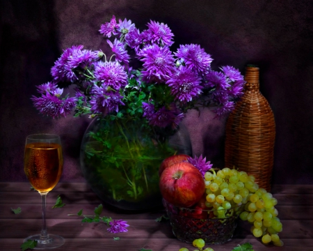 Still life - grapes, flowers, purple, Still life