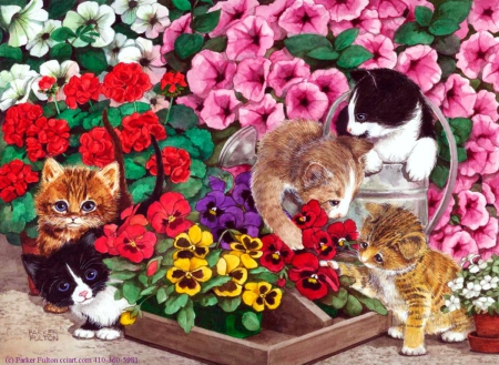 Kitten's Desire - kitten, flowers, artwork, colors, colorful