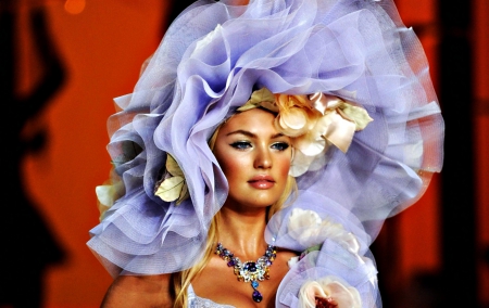 Candice Swanepoel  - woman, girl, hat, necklace, jewel, model, red, blue, candice swanepoel, flower