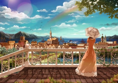 Scenery - nice, beauty, sky, female, anime girl, view, home, pretty, cloud, umbrella, anime, house, scene, maiden, lady, building, scenic, girl, gown, lovely, town, beautiful, city, scenery, sweet, dress