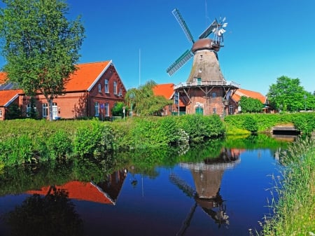 Windmill - summer, beautiful, village, mill, quiet, windmill, grass, countryside, lake, calmness, houses, river, tranquil