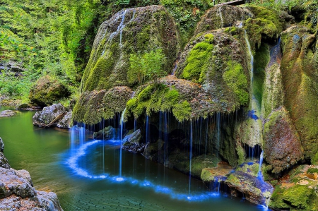 Lovely waterfall - trees, peaceful, water, cascade, colorful, waterfall, fall, view, romania, color, outdoor, landscape, falling, cascades, lovely, exotic, nature, forest, beautiful, splendor