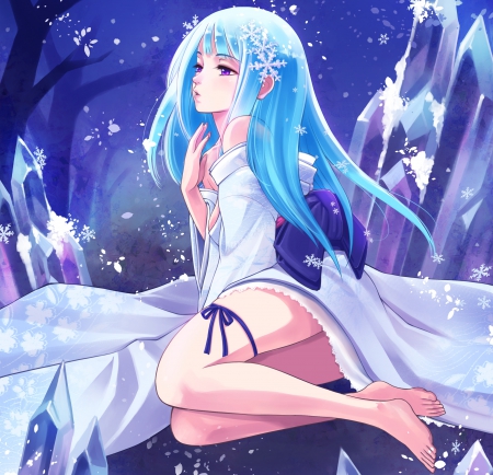 Snow Maiden - pretty, anime, female, snowflakes, maiden, snow, long hair, blue hair, nice, anime girl, winter, beautiful, girl, beauty, kimono, lovely, sweet, yukata, flakes, lady