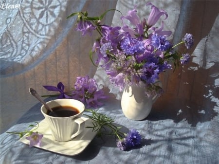 still life - flowers, cups, coffee, beauty, cool, still life