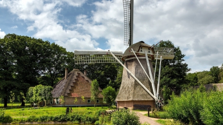 wonderful windmill - house, trees, pond, windmill, sky