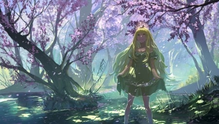 Pink Petals - gown, falling, flower, forest, blond hair, beautiful, blossom, blonde, anime girl, girl, blond, blonde hair, scenery, fall, pretty, beauty, sweet, anime, dress, long hair, petals, nice, lovely, scene, female, florral, jungle