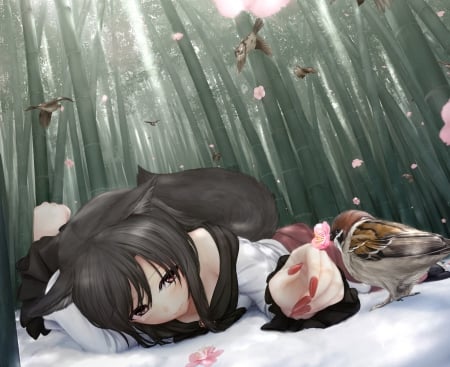 Bamboo Forest - flower, forest, beautiful, anime girl, girl, lay, cherry blossom, bamboo, scenery, imaizumi kagerou, scen, scenic, touhou, bird, beauty, sakura, anime, sakura blossom, laying, female, realistic