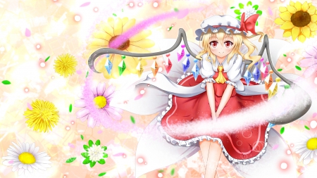 Don't You Love Springtime? - hat, anime, flandre scarlet, dress, blonde, red eyes, flowers, short hair, touhou, wings