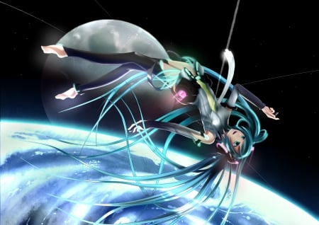 ~Up In The Air~ - moon, hatsune miku, vocaloid, anime, long hair, barefoot, space, earth