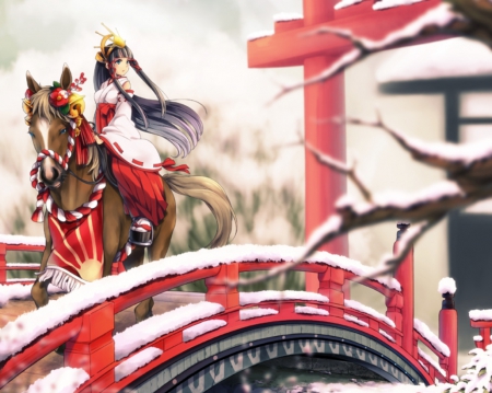 Shrine Maiden - pretty, anime, female, scene, snow, shrine, oriental, nice, anime girl, winter, beautiful, girl, beauty, lovely, sweet, horse, bridge