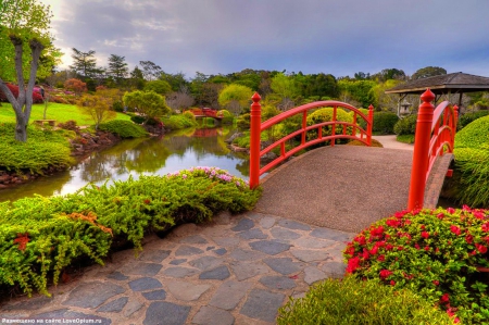 Japanese garden - pretty, quiet, summer, spring, reflection, walk, calmness, flowers, garden, lake, nice, sky, trees, beautiful, pond, lovely, serenity, bridge, park, japanese