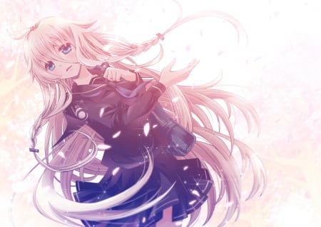 IA - anime, vocaloid, skirt, blonde, petals, long hair, IA, braids, blue eyes