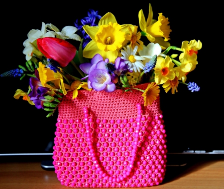 Who lost a purse? ヅ - yellow, blue, freesia, daffodils, pink, bag, flowers, tulips, purple, red, purse