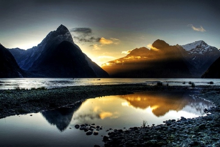 Landscape to sunset - lake, mountains, reflection, landscape, beautiful, sunset, nature