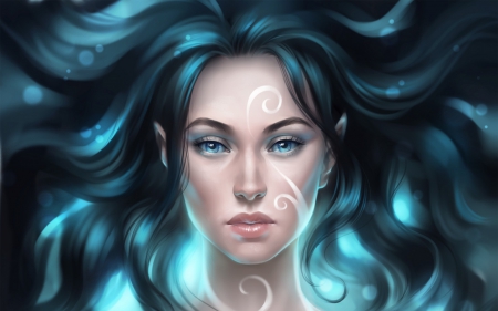 Elf princess - face, fantasy, elf, girl, princess, woman, blue, art