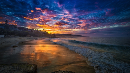 Washing Ashore - beaches, sunset beach, washing ashore, popular, wallpaper, crashing waves, nature, beach at night, waves crashing, sunsets, beach at sunset